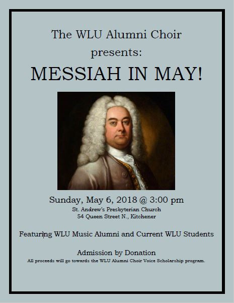 A poster for the performance titled "Messiah in May!" with a painted portrait of George Frideric Handel.